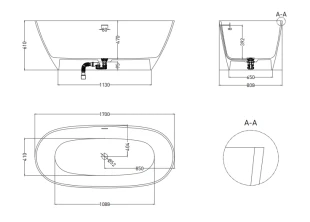 Ванна из искусственного камня Lotis Ando 170x80см, отдельностоящая, Solid Surface, цвет белый матовый