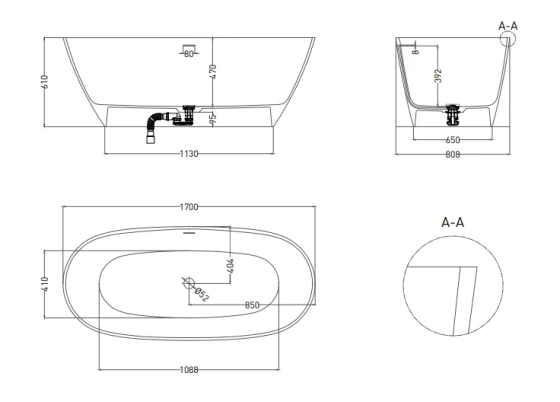 Ванна из искусственного камня Lotis Ando 170x80см, отдельностоящая, Solid Surface, цвет белый матовый