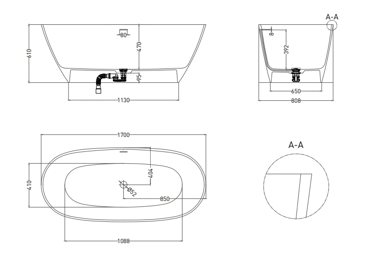 Ванна из искусственного камня Lotis Ando 170x80см, отдельностоящая, Solid Surface, цвет белый матовый