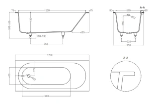 Ванна из искусственного камня Lotis Oberon 170x75см встраиваемая, Solid Surface, цвет белый матовый