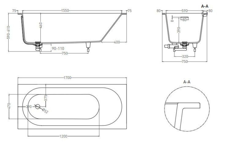 Ванна из искусственного камня Lotis Oberon  KIT 170x75см, Solid Surface, цвет белый матовый