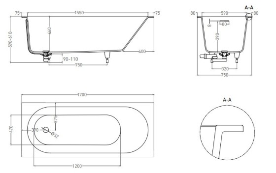 Ванна из искусственного камня Lotis Oberon  KIT 170x75см, встраиваемая, Gelcoat, цвет белый глянцевый