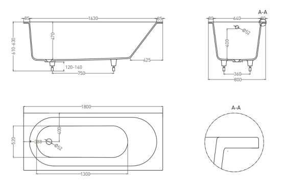 Ванна из искусственного камня Lotis Oberon 180x80см, встраиваемая, Solid Surface, цвет белый глянцевый