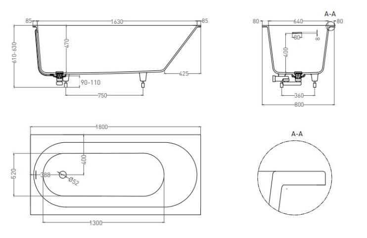 Ванна из искусственного камня Lotis Oberon  KIT 180x80см, встраиваемая,Solid Surface, цвет белый матовый