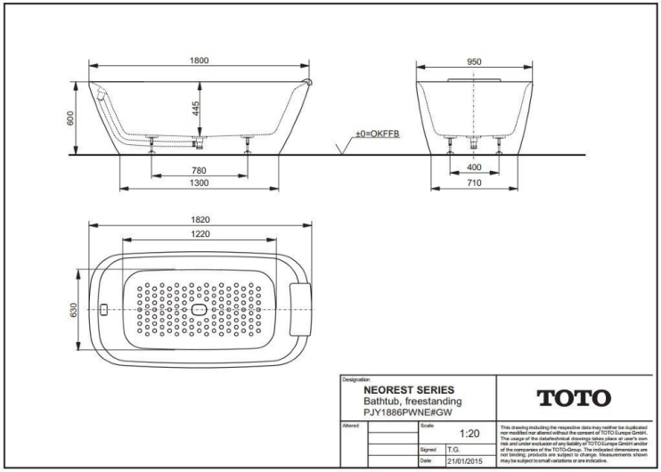 Ванна отдельностоящая 180х95 см, TOTO NEOREST, белый арт. PJY1886PWNE