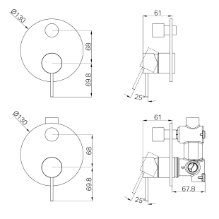 Смеситель для душа Lotis Mone 1014BMB встраиваемый на 2 потребителя, цвет brushed metall brass
