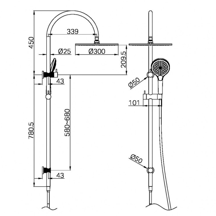 Душевая система с верхним душем и лейкой, Lotis, цвет: никель