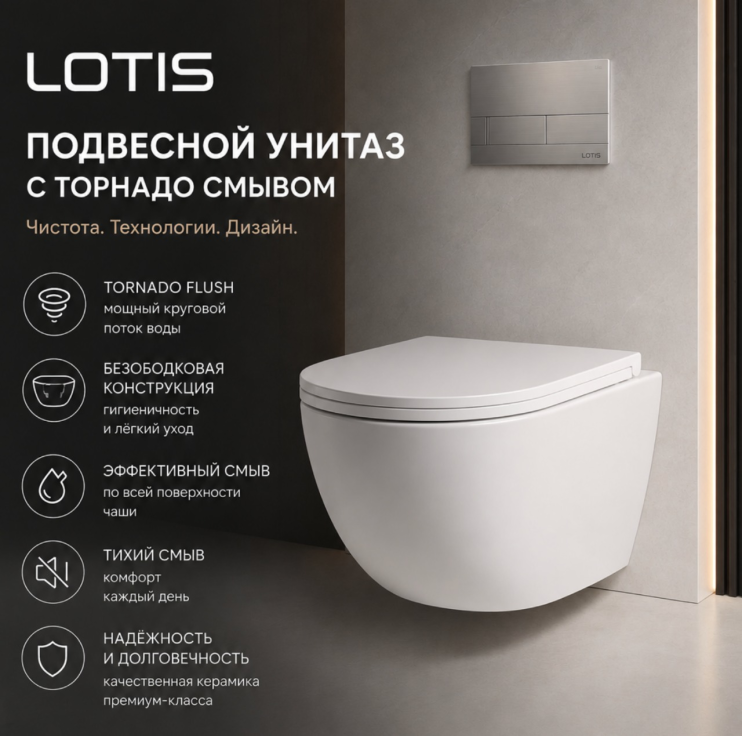Унитаз подвесной Lotis Lime L305759 сиденье микролифт, Tornado Flush, цвет белый